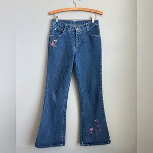 Liquid Y2K Vintage Floral Embroidered Flare Denim Jeans 100% Cotton Sz 9